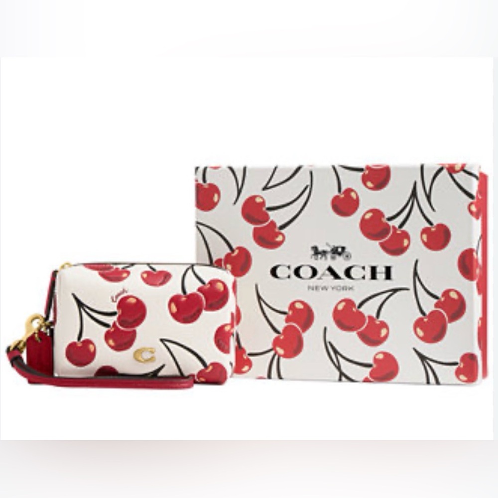NEW COACH Boxed Essential Cherry Print Leather Cosmetic Pouch Wristlet Chalk Red
